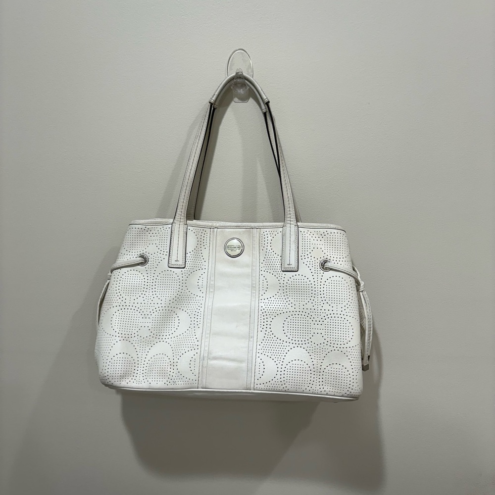 Vintage Coach White Perforated Leather Drawstring Tote Bag
